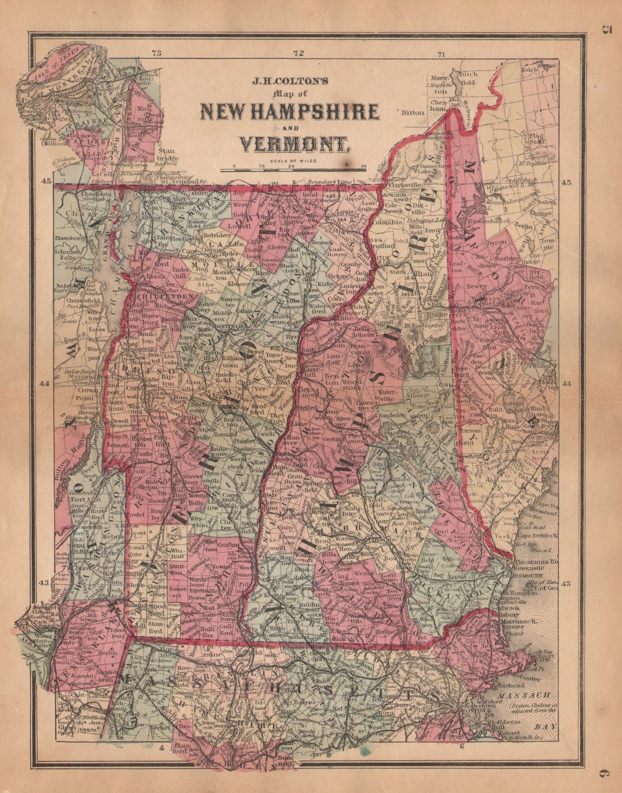 J. H. Colton's map of New Hampshire and Vermont 1864 old antique chart